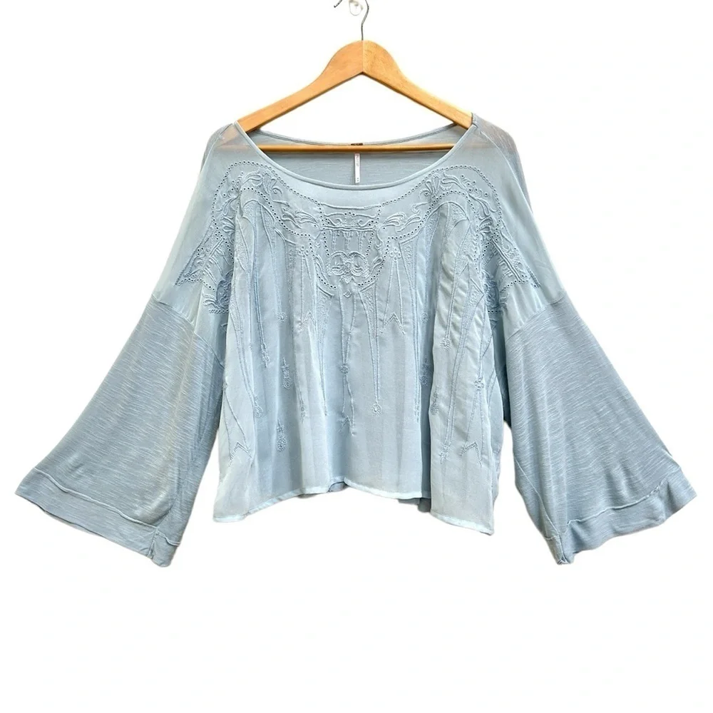 Free People Pandora Slate Blue Embroidered Sheer Blouse, Size Medium